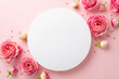Leinwandbild Motiv Women's Day concept. Top view photo of white circle pink peony rose and heart shaped sprinkles on isolated pastel pink background with copyspace