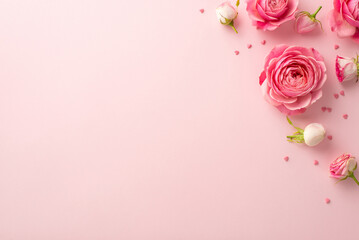 Wall Mural - Mother's Day concept. Top view photo of pink peony roses and sprinkles on isolated pastel pink background with empty space