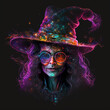 Bright multi-colored portrait of witch with glasses..