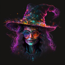 Bright Multi-colored Portrait Of Witch With Glasses..