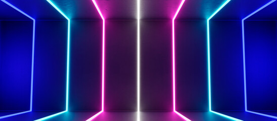 dark empty room with pink and blue led lights on concrete wall and floor. futuristic architecture in