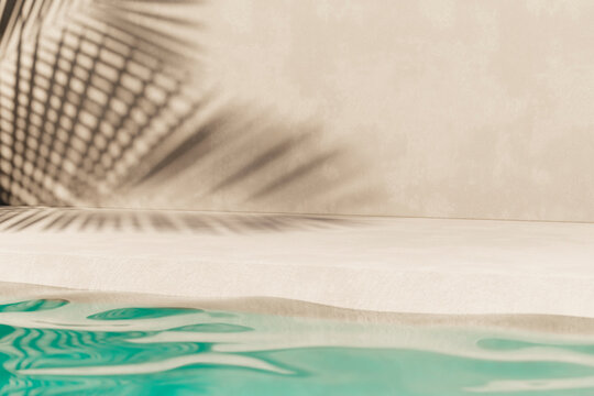 tropical summer background with concrete wall, pool water and palm leaf shadow. luxury hotel resort 