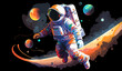 Astronaut explores space being desert planet. Astronaut space suit performing extra cosmic activity space against stars and planets background. Human space flight. Modern illustration