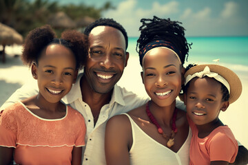 Illustration of a young happy African American family portrait on beach. Generative AI.