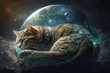 giant space cat napping on a planet, its purrs creating gravitational waves that cause nearby stars to orbit around it illustration generative ai