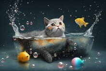 Cat Taking A Bubble Bath In A Pool Of Stardust, With A Rubber Ducky And A Floating Fish Toy Illustration Generative Ai