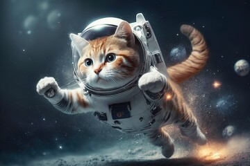 cat astronaut floating in space, wearing a tiny space suit and holding onto a rocket ship with its p