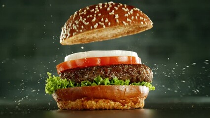 Wall Mural - Super Slow Motion of Stacking Hamburger pieces. Camera in Motion. Filmed on High Speed Cinema Camera, 1000 fps. Placed on High Speed Cine Bot.