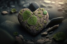 Generative AI Illustration Of Heart Shaped Rock With Cracks And Green Leaves