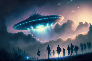Wall Mural - UFO, an alien ship hovering motionless in the air. Unidentified flying object, alien invasion, extraterrestrial life, space travel, made with Generative AI