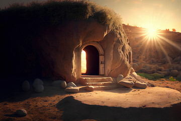 Empty tomb at sunrise. Easter concept ,made with Generative AI