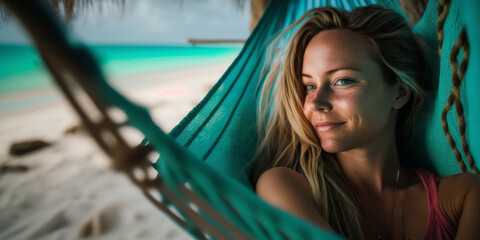 Sticker - An attractive young woman relaxing in a hammock on a tropical beach holiday. Generative ai