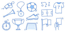 Doodle Soccer Element Set. Football Goal, Award Cup, Soccer Ball Hand Drawn Line Doodle Sketch Style Equipment. Vector Illustration