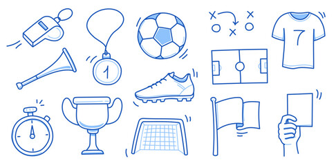 doodle soccer element set. football goal, award cup, soccer ball hand drawn line doodle sketch style