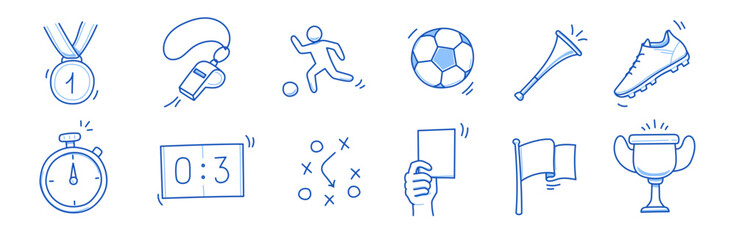 Soccer doodle icon. Football goal, award cup, whistle hand drawn line doodle sketch style equipment icon. Vector illustration
