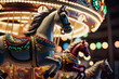 childrens horse night carousel, outdoor attraction in circus Generative AI