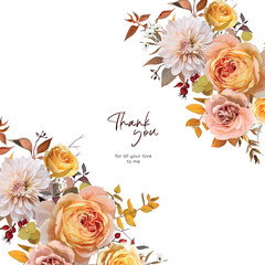 Poster - Autumn flowers, leaves frame, border. Thanksgiving holiday gift card, fall wedding invite. Yellow, orange peach garden roses, white dahlia, eucalyptus watercolor vector illustration. Editable template