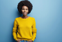 Portrait Of Beautiful African American Woman Standing, Afro Hair, Looking At Camera On Blue Background.AI Generative