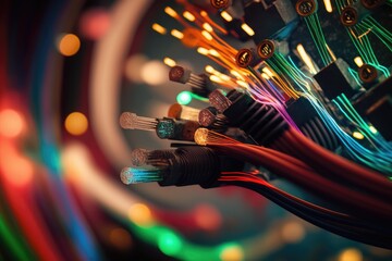 Canvas Print - close up of network cables with a fiber optic background. Generative AI