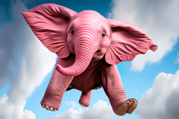 Funny animal concept, pink elephant flying in the sky with thick white clouds. Elephant in the sky. Illustration, Generative AI.