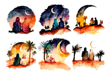 set vector watercolor illustration of muslim couple in desert looking at crescent