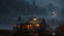 Animation Of Cabin In The Woods At Nightfall During Heavy Rainfall. Still Shot Of 3d Render