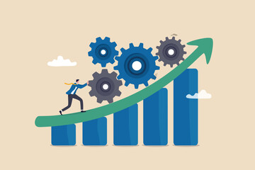 Process improvement, efficiency to increase productivity, optimization, raising performance, quality or progress concept, businessman pushing cogwheels up on rising improvement graph diagram.