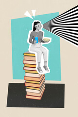 Sticker - Collage 3d image of pinup pop retro sketch of young female sitting top high pile books wear 3d glasses hold cola sofa popcorn enjoy film