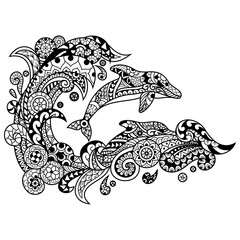 Wall Mural - hand drawn of twin dolphin in zentangle style