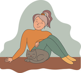 Wall Mural - Young woman is resting near her sleeping cat. Girl sitting with a cat. Hand drawn art in pale colors