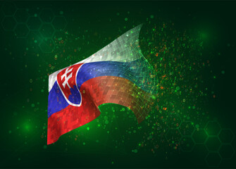 Slovakia, on vector 3d flag on green background with polygons and data numbers