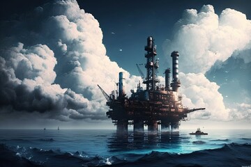 Offshore oilfield and platform HD desktop and mobile wallpaper, offshore oilfield daytime ship view, blue ocean, sky with lovely clouds. Generative AI