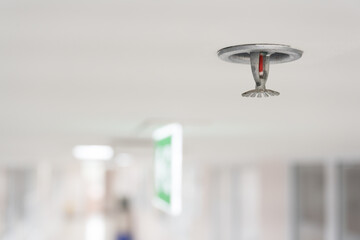 Fire fighting equipment, sprinkler on white ceiling background.Automatic head fire sprinkler extinguisher selected focus on sprinkler.Fire fighter safety concept.