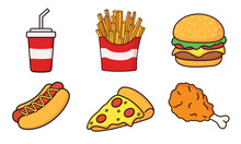 Fast Food Cartoon Icon Vector Collection. Pizza, Burger, Chicken Leg, Hotdog, French Fries, Soda Cup. Food And Drink Icon Concept Illustration