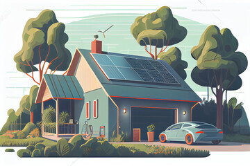 Wall Mural - Modern eco private house with solar energy panels and smart home technology