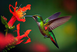 Fototapeta Zwierzęta - A hummingbird sucks honey from a flower.