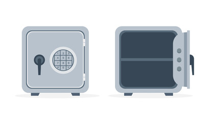 Security metal safe for banknotes, bares and coins. Combination lock. Closed and open empty safe box. Cash protection. Icon for web, games, apps. Vector illustration isolated on white background.