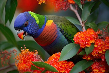 Poster - Rainbow lorikeet consuming red flowering gum nectar. Generative AI