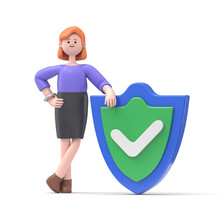 3D Illustration Of Smiling European Businesswoman Ellen Is Holding A Shield Covering From Attacks. Protection, Insurance, From Business Dangers Concept.3D Rendering On White Background.
