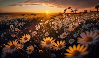 Poster -  a field of daisies with the sun setting in the background.  generative ai