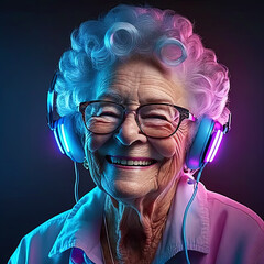 grandma listens to music. cool grandmother wearing headphones listening music. generative ai. foreve