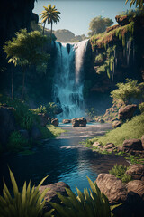 Canvas Print - Beautiful waterfall and creek generative AI