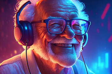 grandpa listens to music. cool grandfather wearing headphones listening music. generative ai. foreve