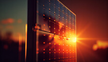 Solar Panel At Sunset. Created With Generative AI Technology