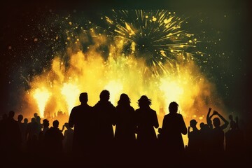 Poster - People watching fireworks in silhouettes against the night sky's bright yellow flashes. Generative AI