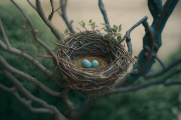 A bird nest with two eggs on a tree branch