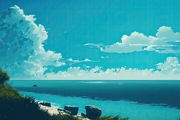 Poster - cloudless sky and the azure sea meet in the horizon. Generative AI