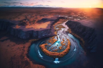 Wall Mural - picturesque landscape of iceland aerial river with waterfall at sunset, created with generative ai