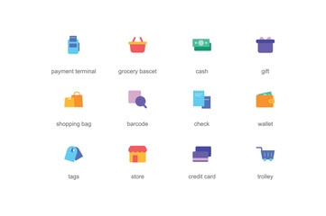 shopping concept of web icons set in color flat design. pack of payment terminal, grocery basket, ca