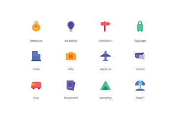 Travel concept of web icons set in color flat design. Pack of compass, air balloon, direction, luggage, hotel, photo, airplane, tickets, bus, camping, beach and other. Vector pictograms for mobile app